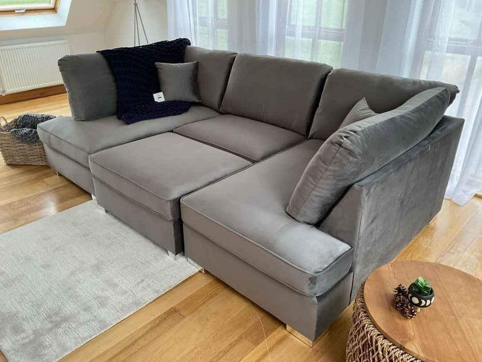 4PC U Shape Sofa with Footstool – Steel Grey Plush – 5/6 Seater Modular.