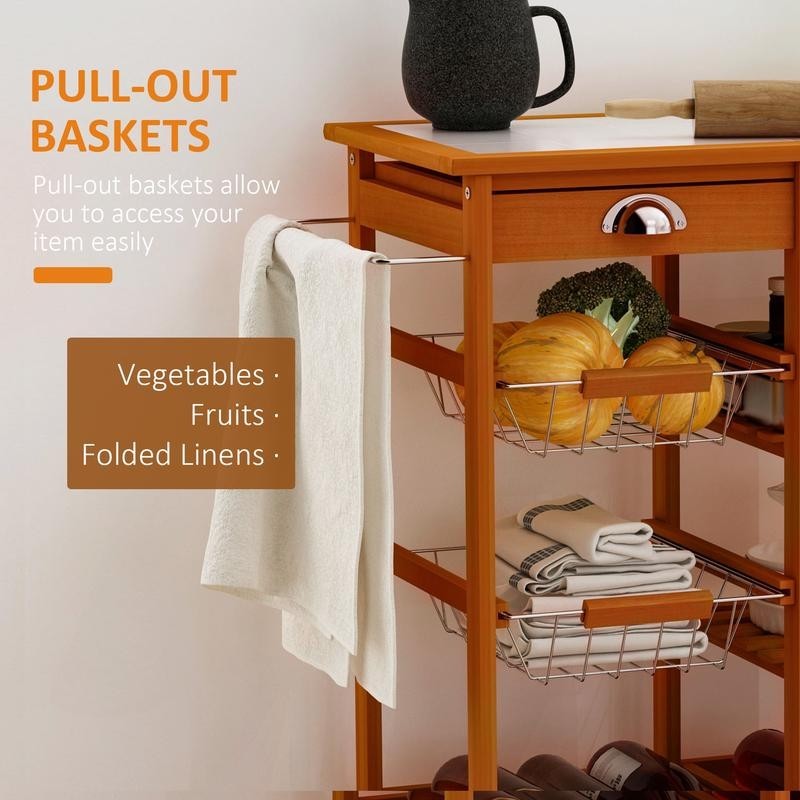Wooden Kitchen Trolley with Wine Rack, Drawers & Tile Top – Honey Finish