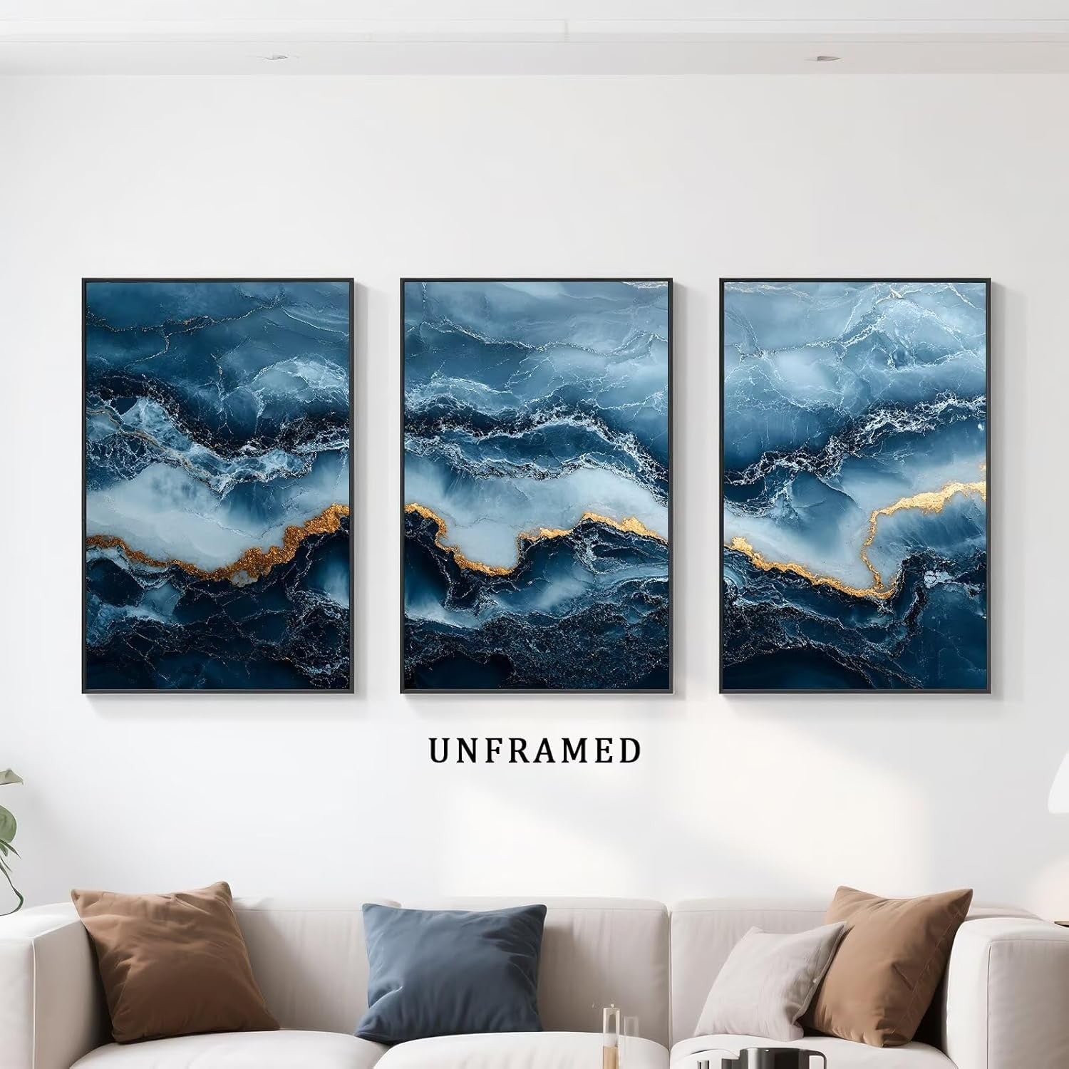Navy Blue Gold Wall Art Set of 3 A4 Abstract Marble Prints Modern Decor