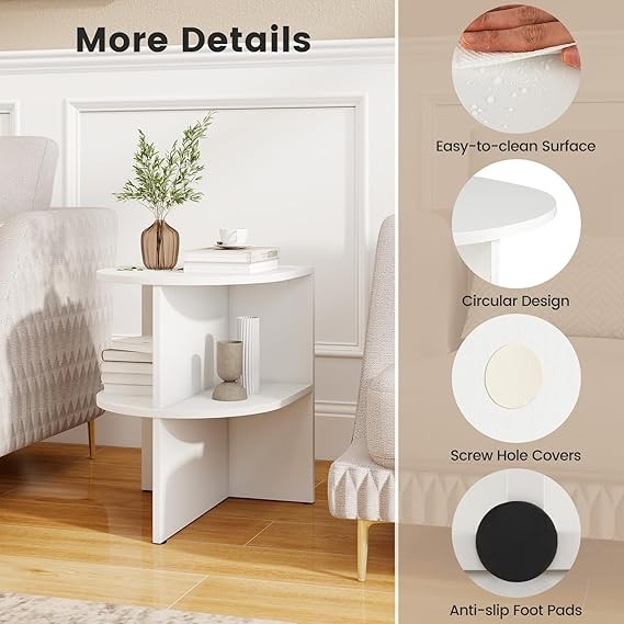 Half Round Side Table with Shelves | Modern White 2-Tier Bedside Sofa End Table