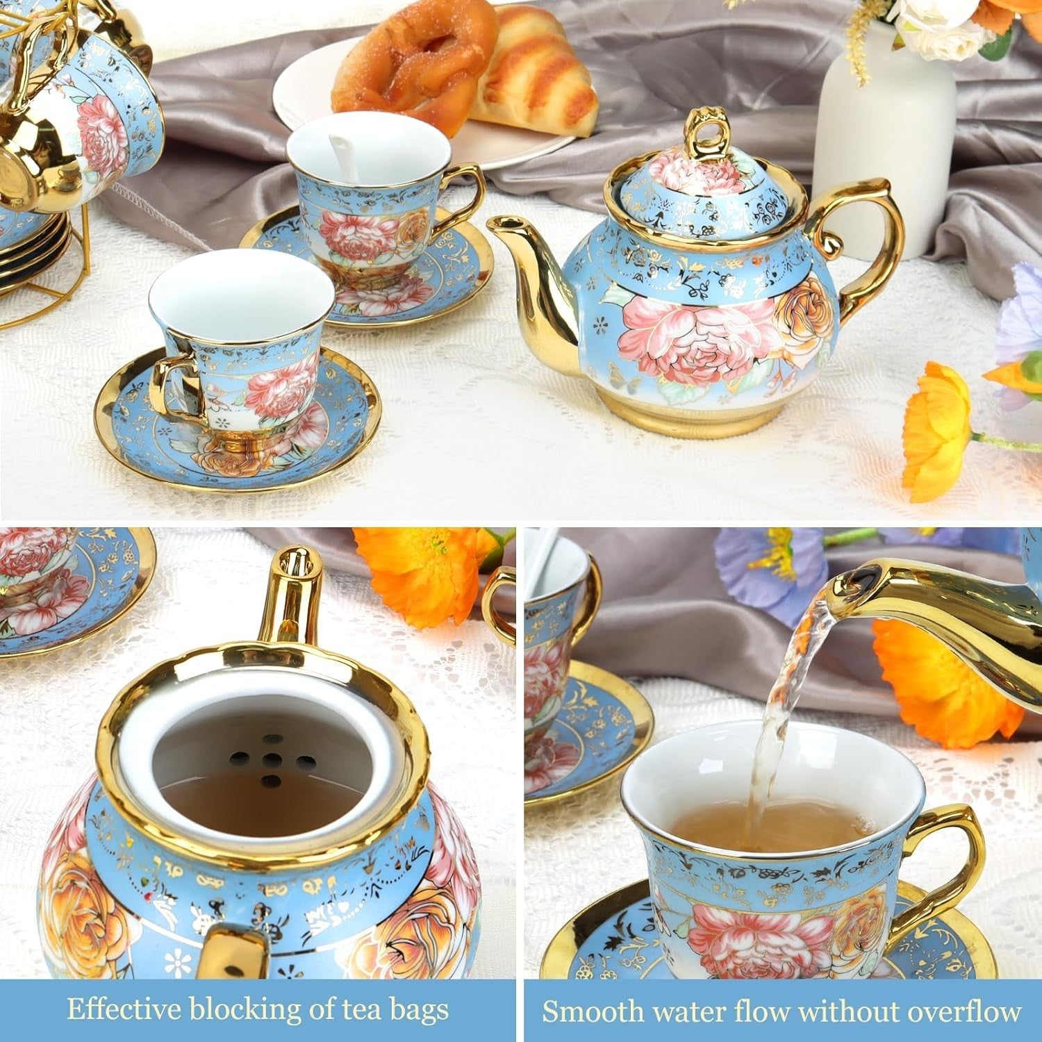 20Pc Porcelain Tea Set Blue Gold Floral Cups Saucers Teapot Stand Gift