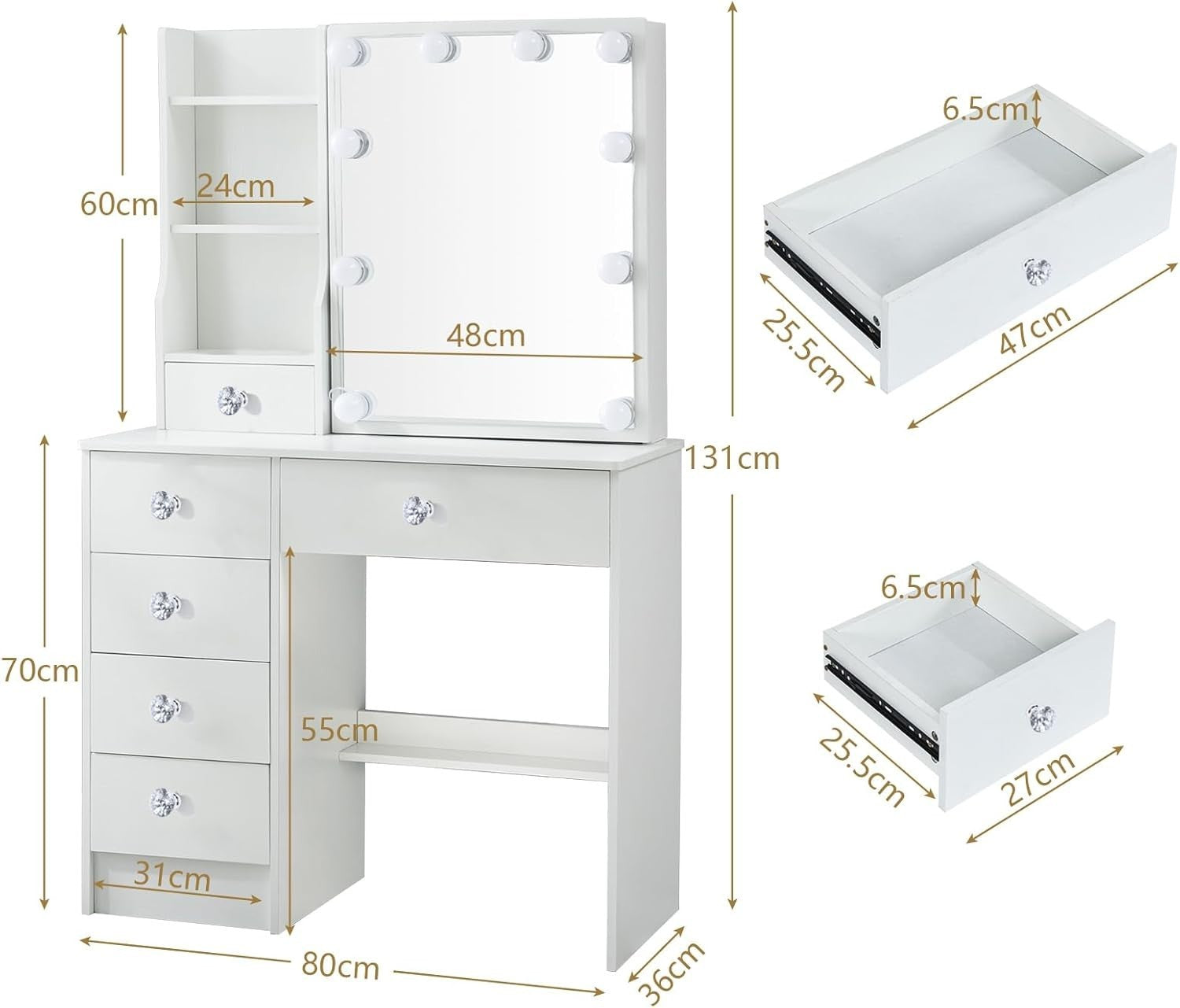 White Modern Vanity Desk Makeup Table Set w/ 10 Lights Mirror & 5 Drawers