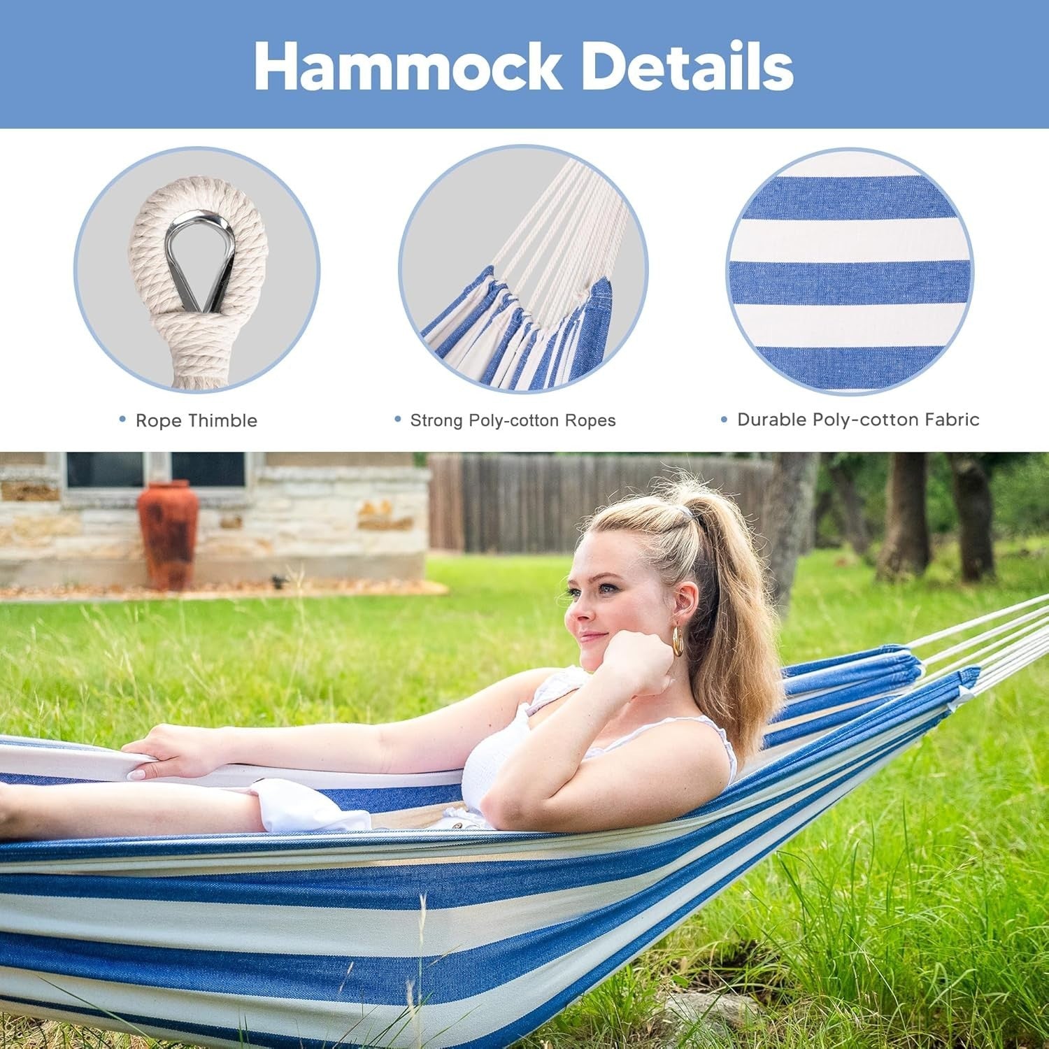 Blue White Hammock with Stand | 2-3 Person 475lb Capacity | Portable Patio Bed