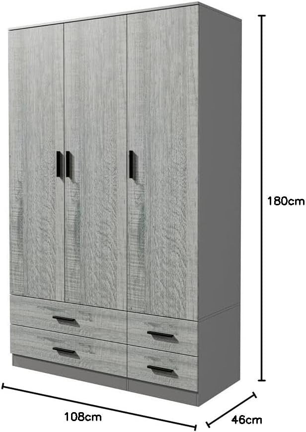 3 Door 4 Drawer Wardrobe with Hanging Rail Bedroom Storage Grey & Ash Grey