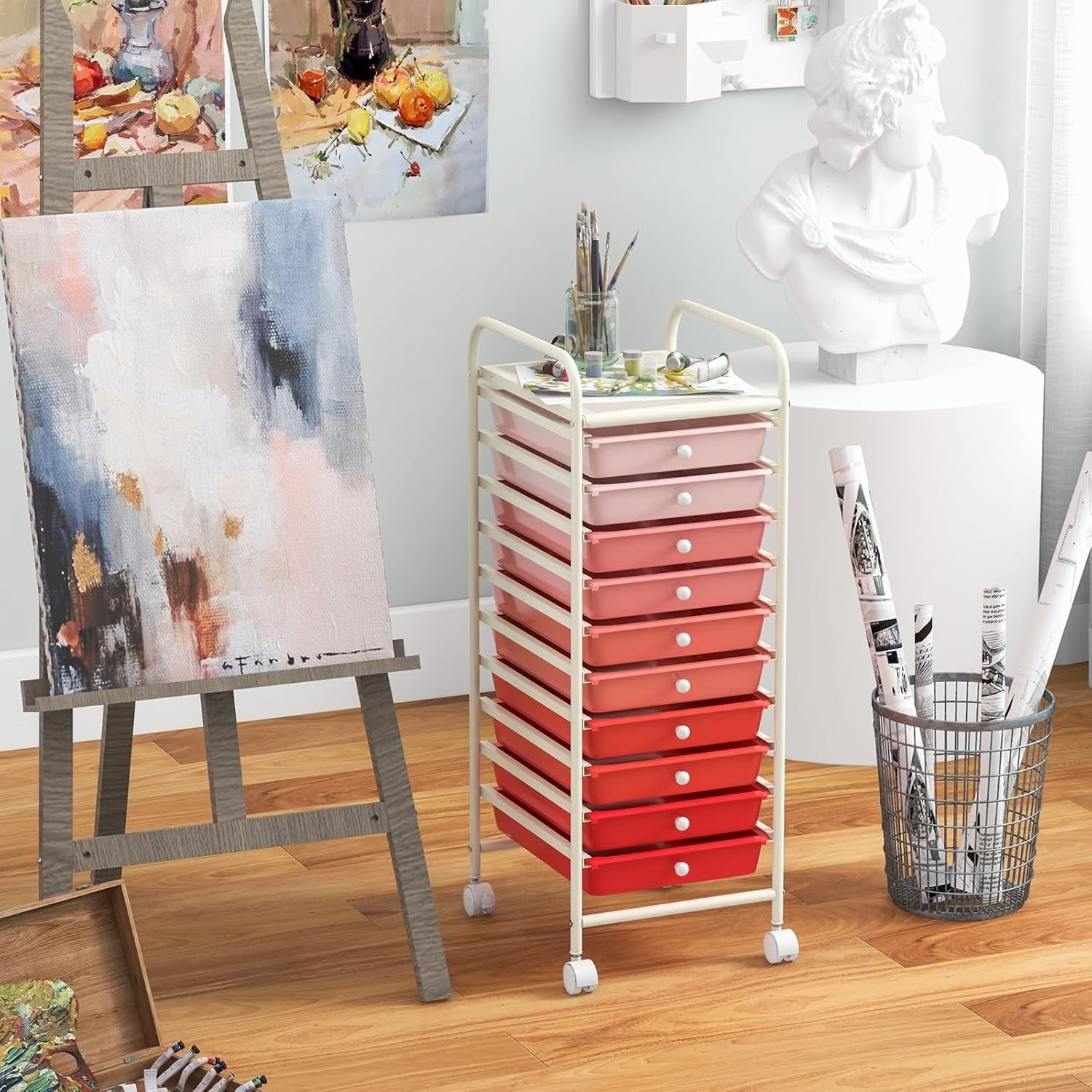 Gradient Pink 10 Drawer Rolling Storage Trolley Craft Beauty Organizer