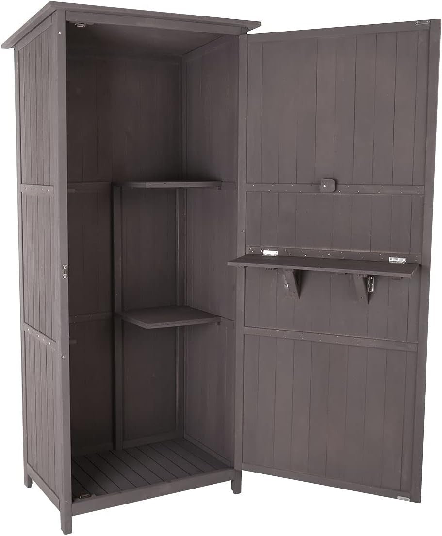 Tall Wooden Garden Storage Shed with Shelves & Hooks, Waterproof Steel Roof