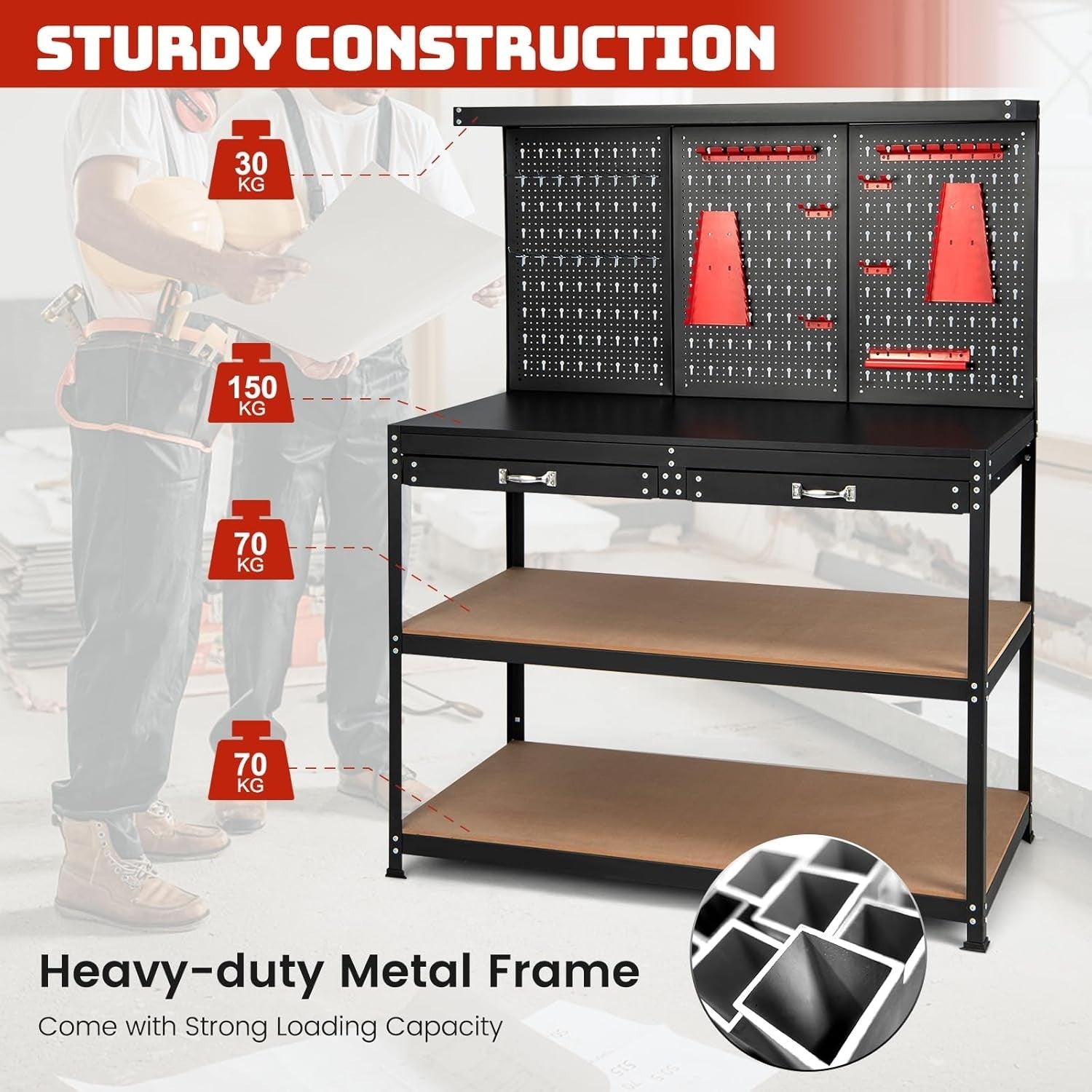 Heavy Duty Garage Workbench with Pegboard 2 Drawers Shelves 121x61 Tool Station