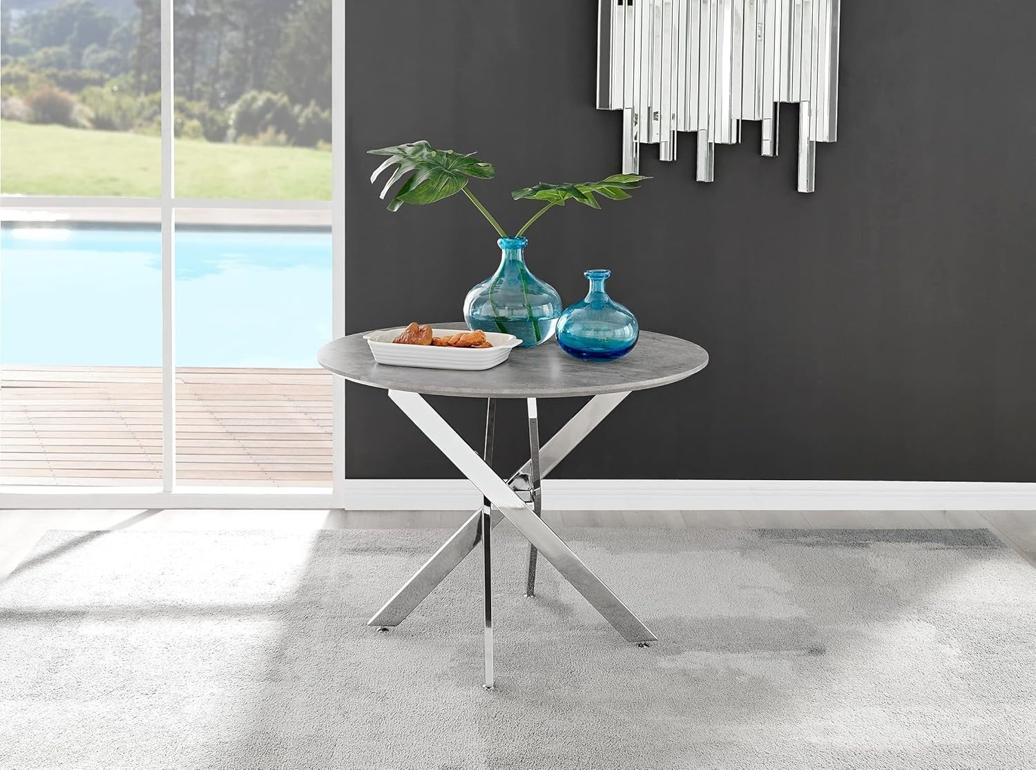 Round Concrete Dining Table 100cm Silver Legs Modern Compact 2–4 Seater