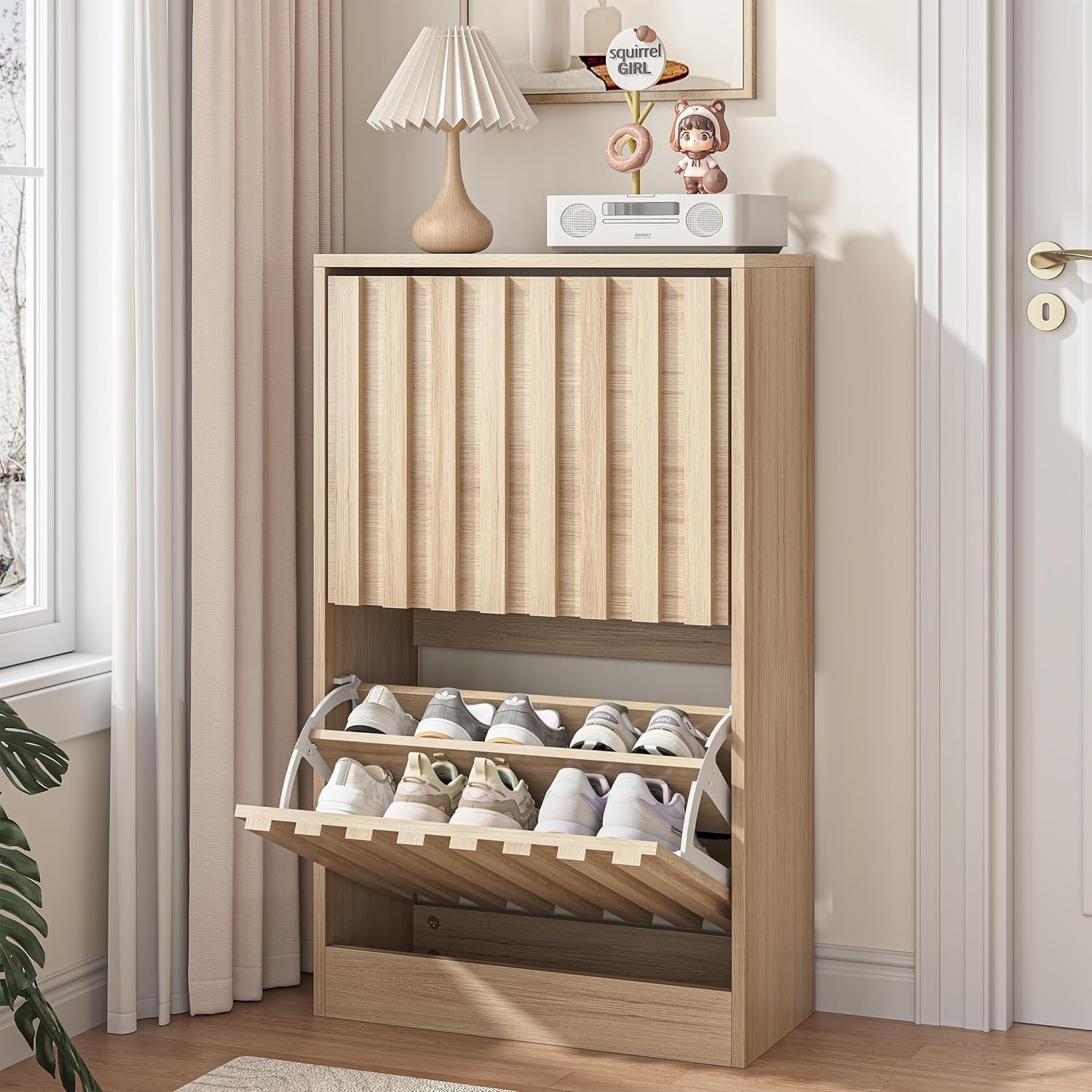 Slim Wooden Shoe Storage Cabinet 2 Flip Drawers Ventilated Modern Unit