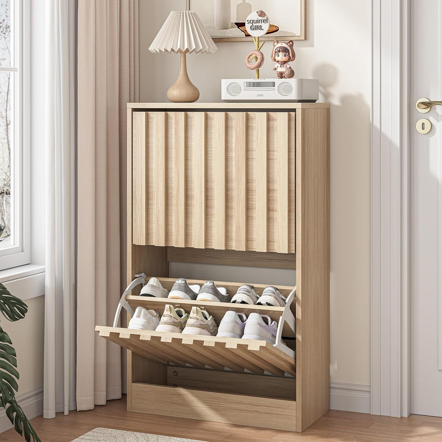 Slim Wooden Shoe Storage Cabinet 2 Flip Drawers Ventilated Modern Unit