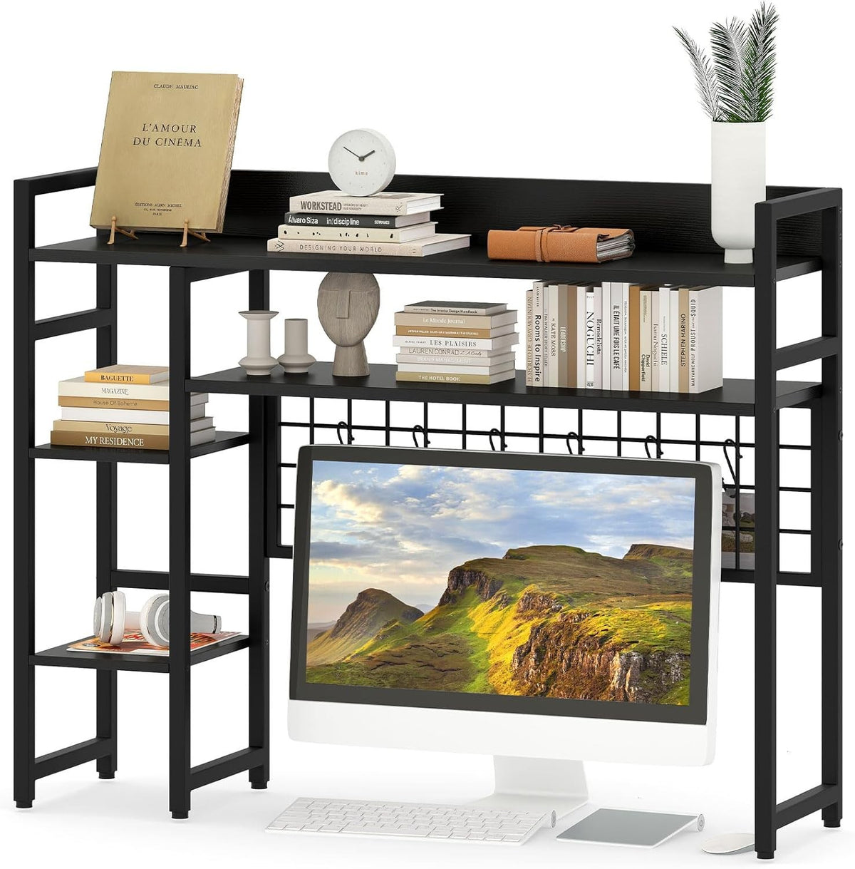 4-Tier Desktop Hutch Bookshelf Monitor Stand with Hooks Office Desk Organizer