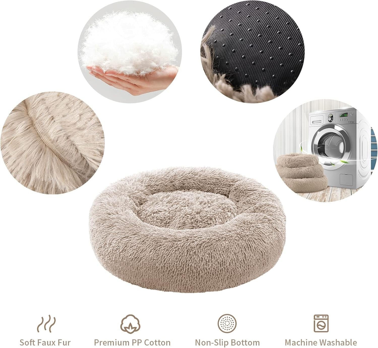 XL Calming Donut Dog Bed 90x90cm Washable Non Slip Plush