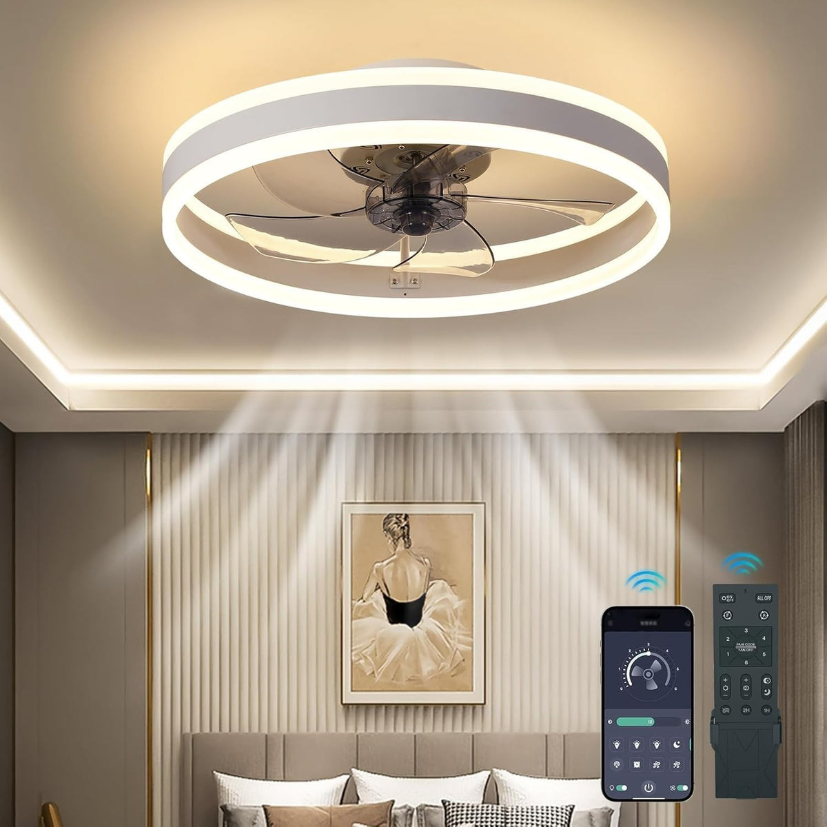 50cm Smart Ceiling Fan Light, 6-Speed Dimmable Reversible LED, Quiet Grey