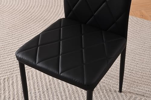 Round Glass Dining Table Set with 4 Black Leather Chairs Modern Kitchen