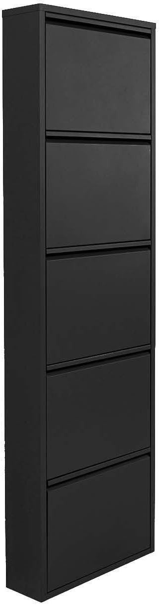 Slim 5-Drawer Shoe Cabinet Black– Space-Saving Metal Tilt Rack 170x50x15cm