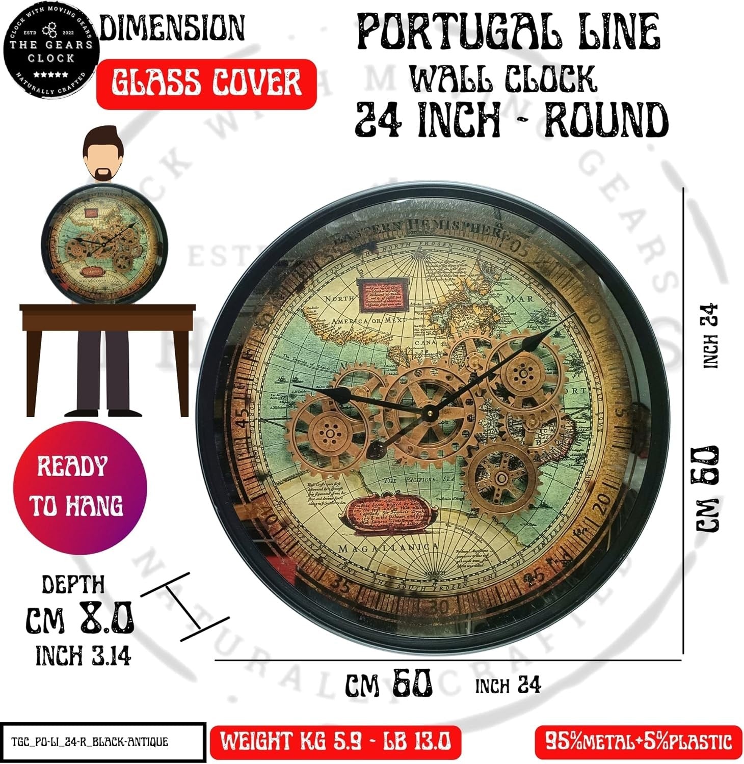24” Moving Gear Wall Clock Vintage Retro Round Metal Map Design 60cm