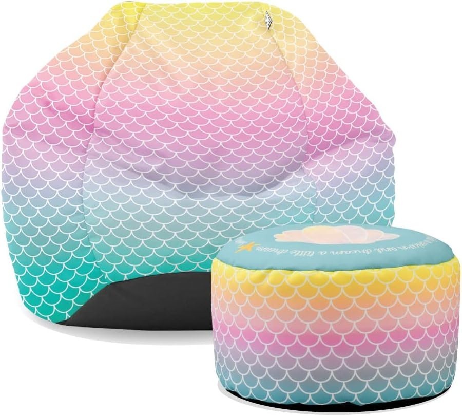 Kids Mermaid Bean Bag Chair with Footstool – Washable & Comfy Seat
