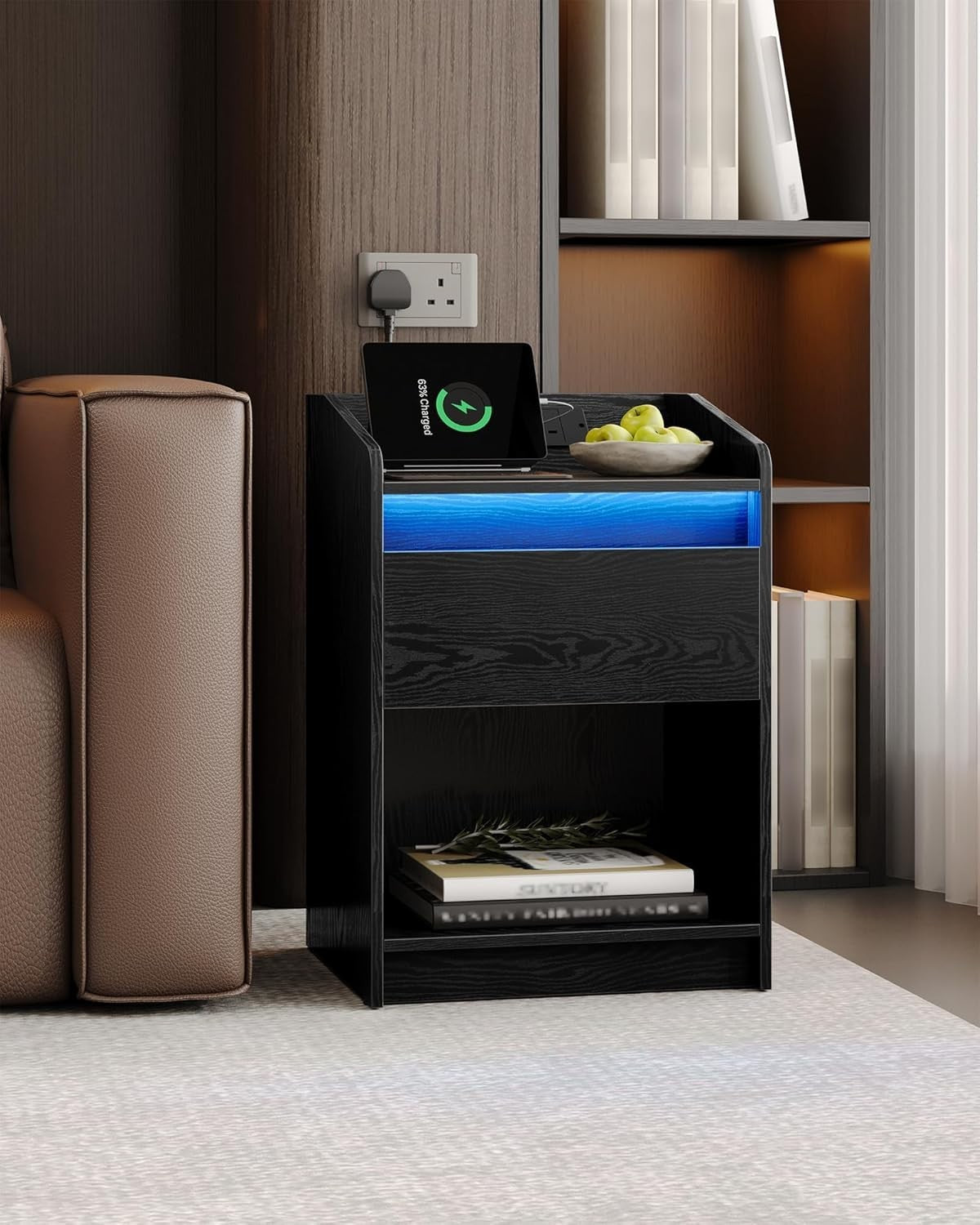 Set of 2 LED Bedside Tables with Charging Ports – Modern Nightstands with Drawer