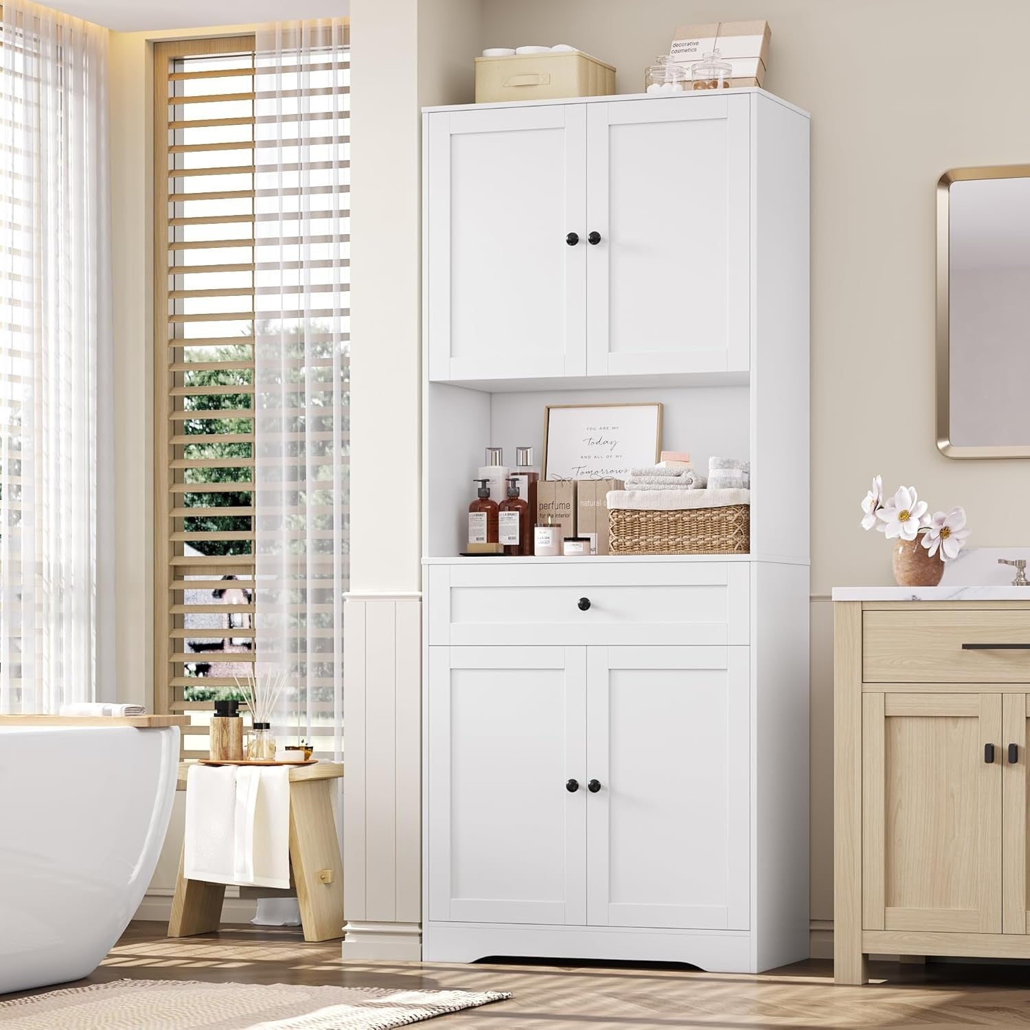 White 180cm Tall Kitchen Cupboard 4-Door Pantry 1-Drawer Countertop
