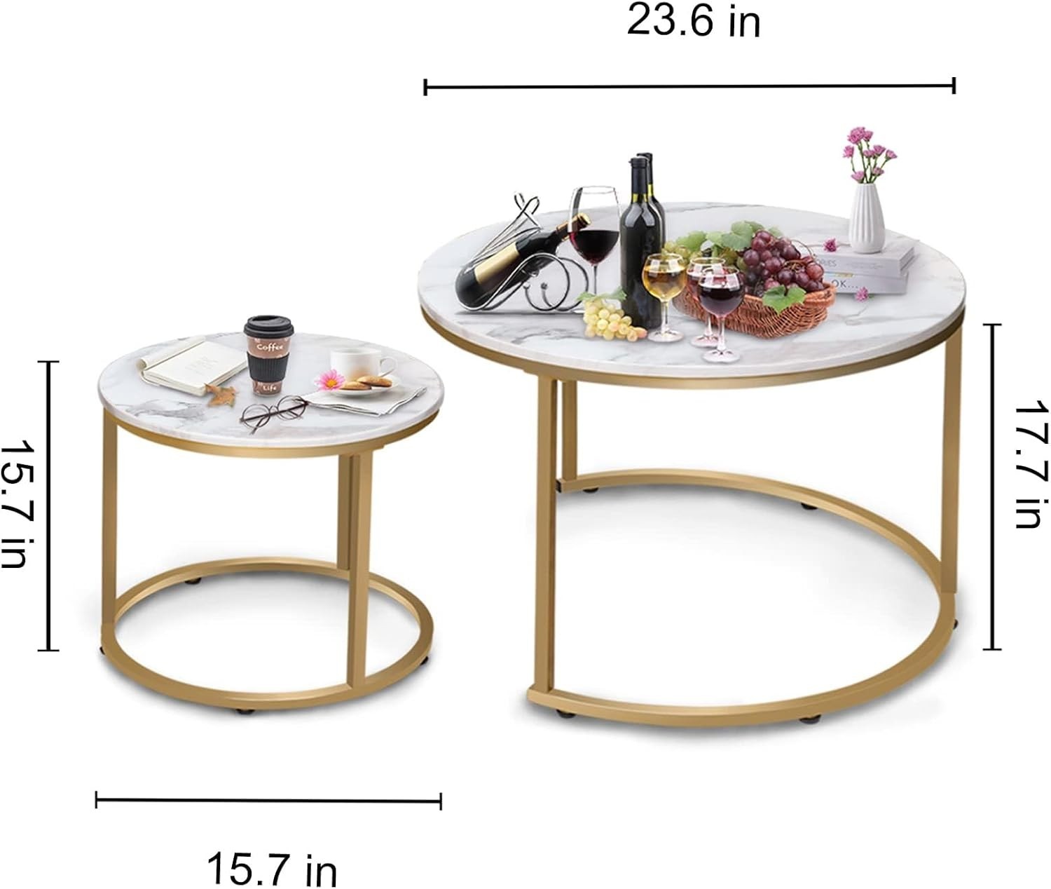 Nesting Coffee Tables Set 2 Round Marble Gold Metal Living Room Side End Table