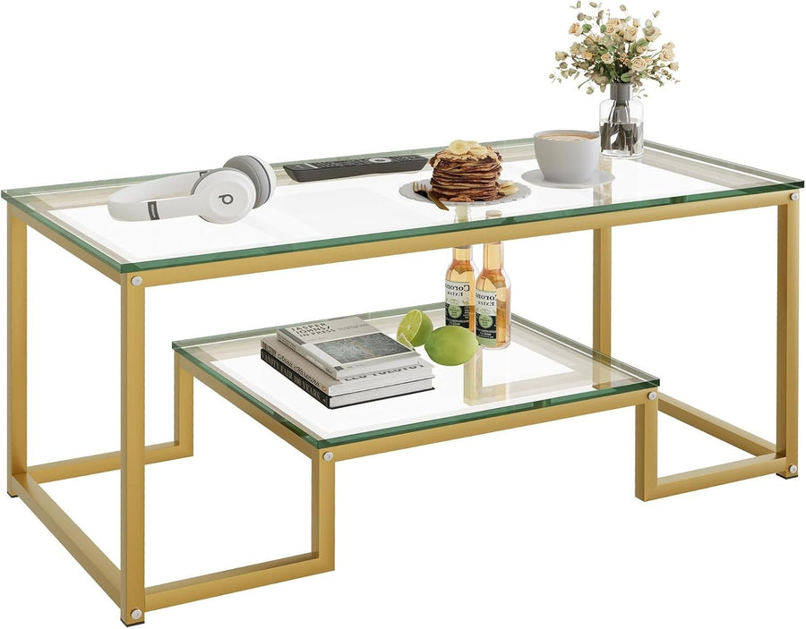 Gold Glass Coffee Table 2 Tier – Modern Metal Frame Living Room Storage