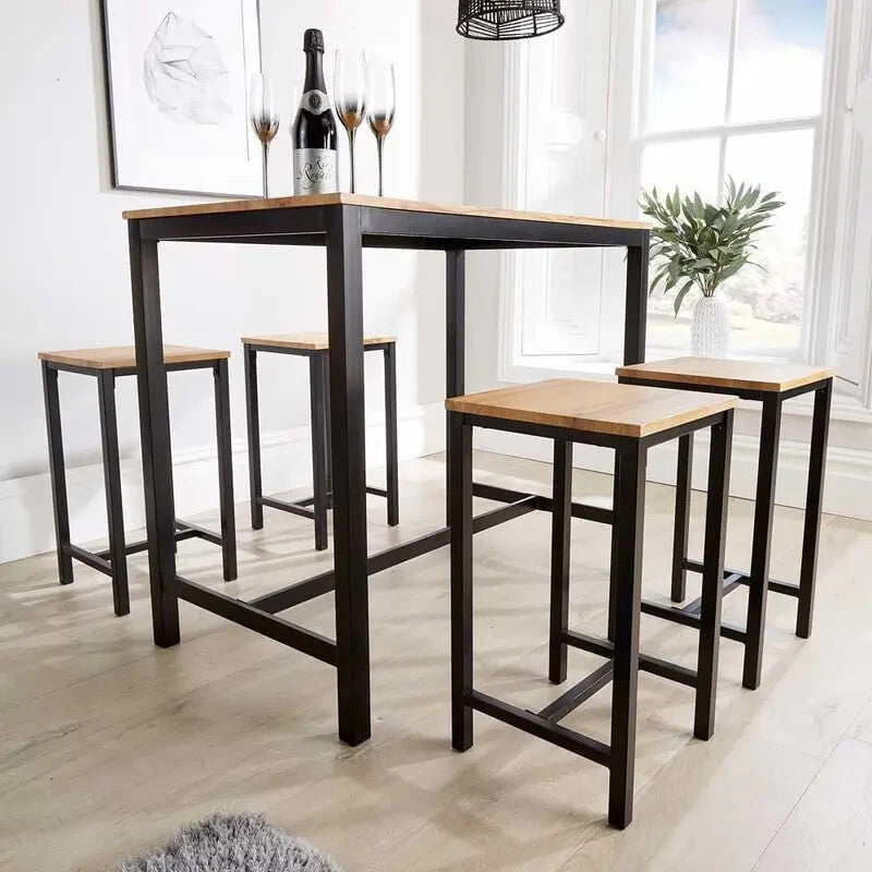 5 Piece Bar Table Set Black Metal Frame & Wood Top with 4 Breakfast Stools