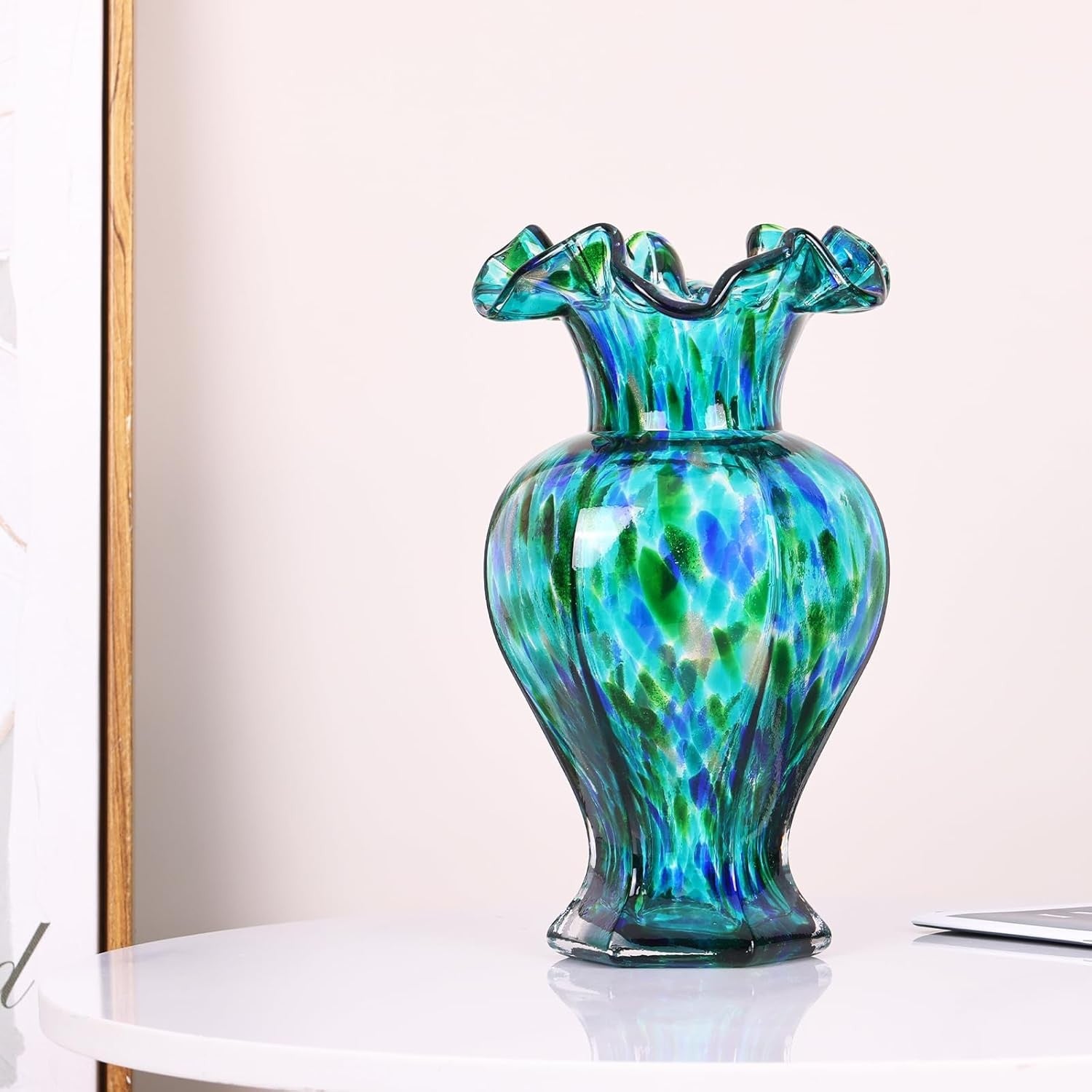 Hand Blown Teal Blue Glass Vase 24cm Tall Art Centerpiece Table Decor