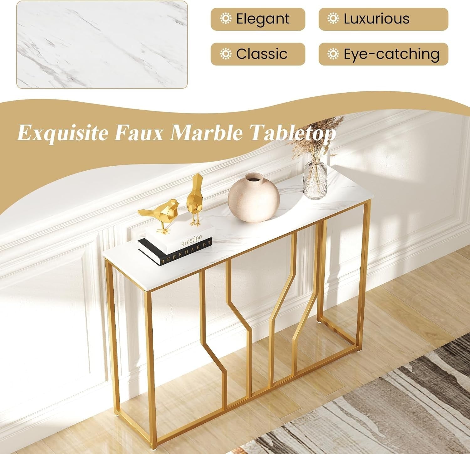 Slim Console Table with Faux Marble Top & Gold Metal Frame, 110cm