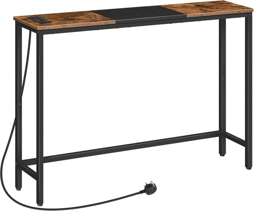 Slim Console Table with Charging Station | Power Outlet | Rustic Brown & Black
