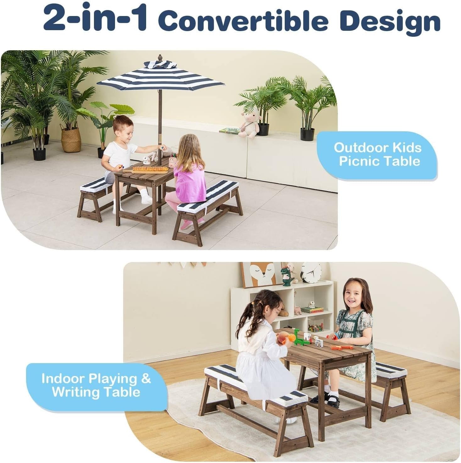 Kids Wooden Picnic Table Bench Set w/ Cushions & Umbrella – Outdoor Play