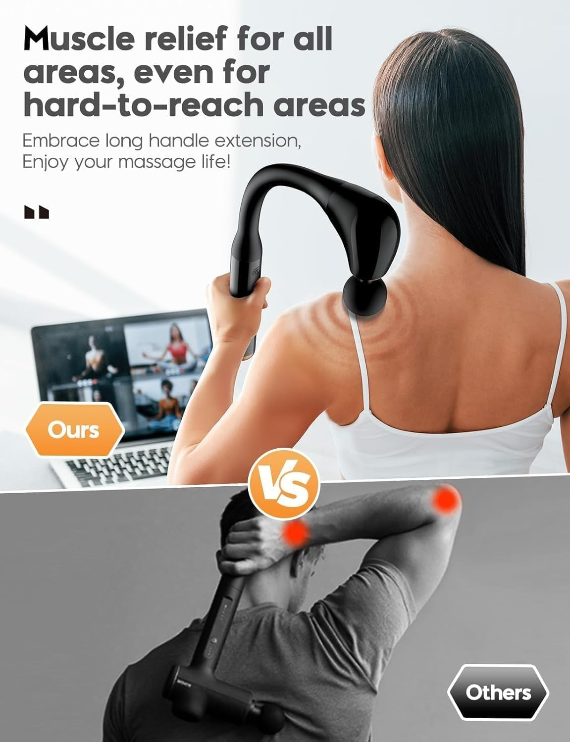 Deep Tissue Massage Gun with Extension Handle 10mm Percussion Back Pain Relief