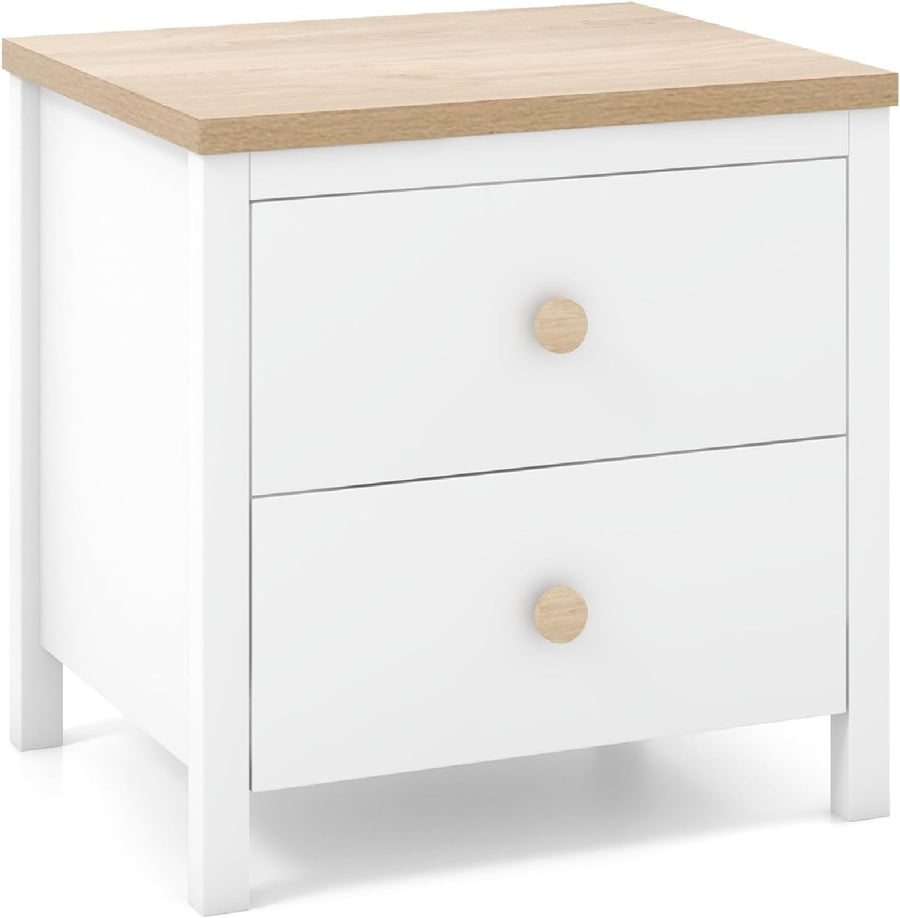 White 2 Drawer Bedside Table with Wood Top – Modern Nightstand