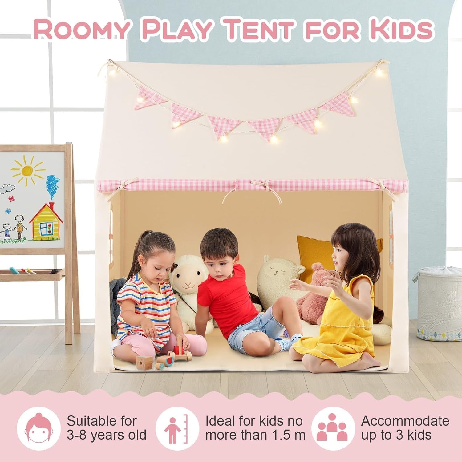 Pink Kids Castle Play Tent with Mat Star Lights Fairy Indoor House