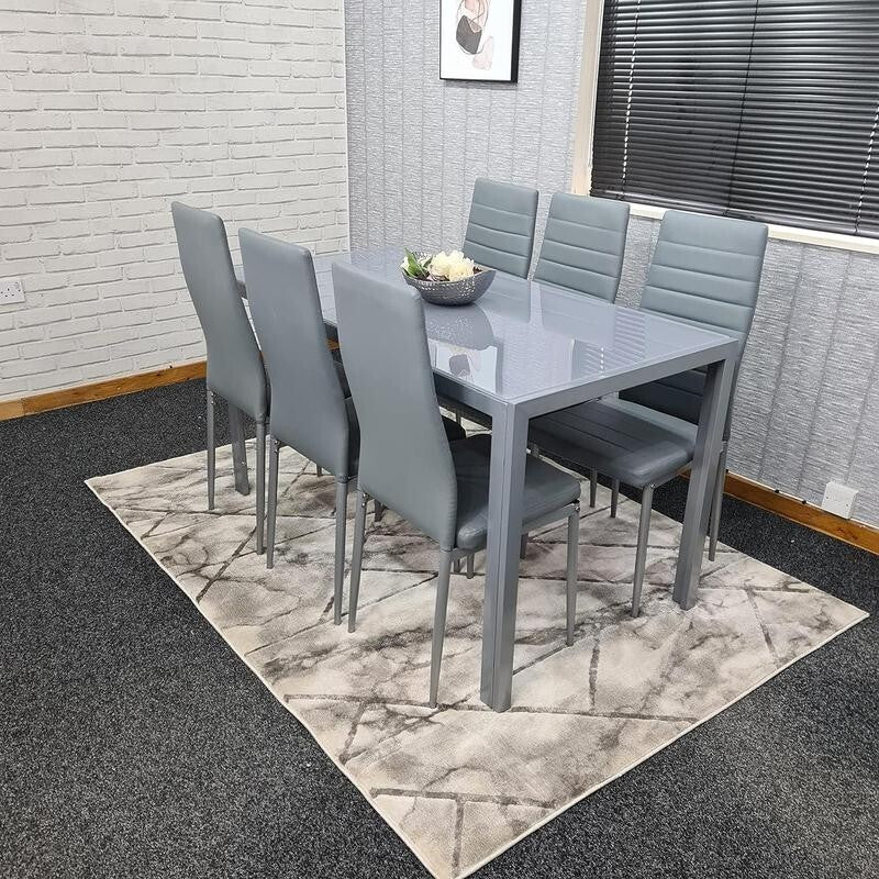 6 Seater Grey Glass Dining Table Set with Faux Leather Chairs & Metal Legs