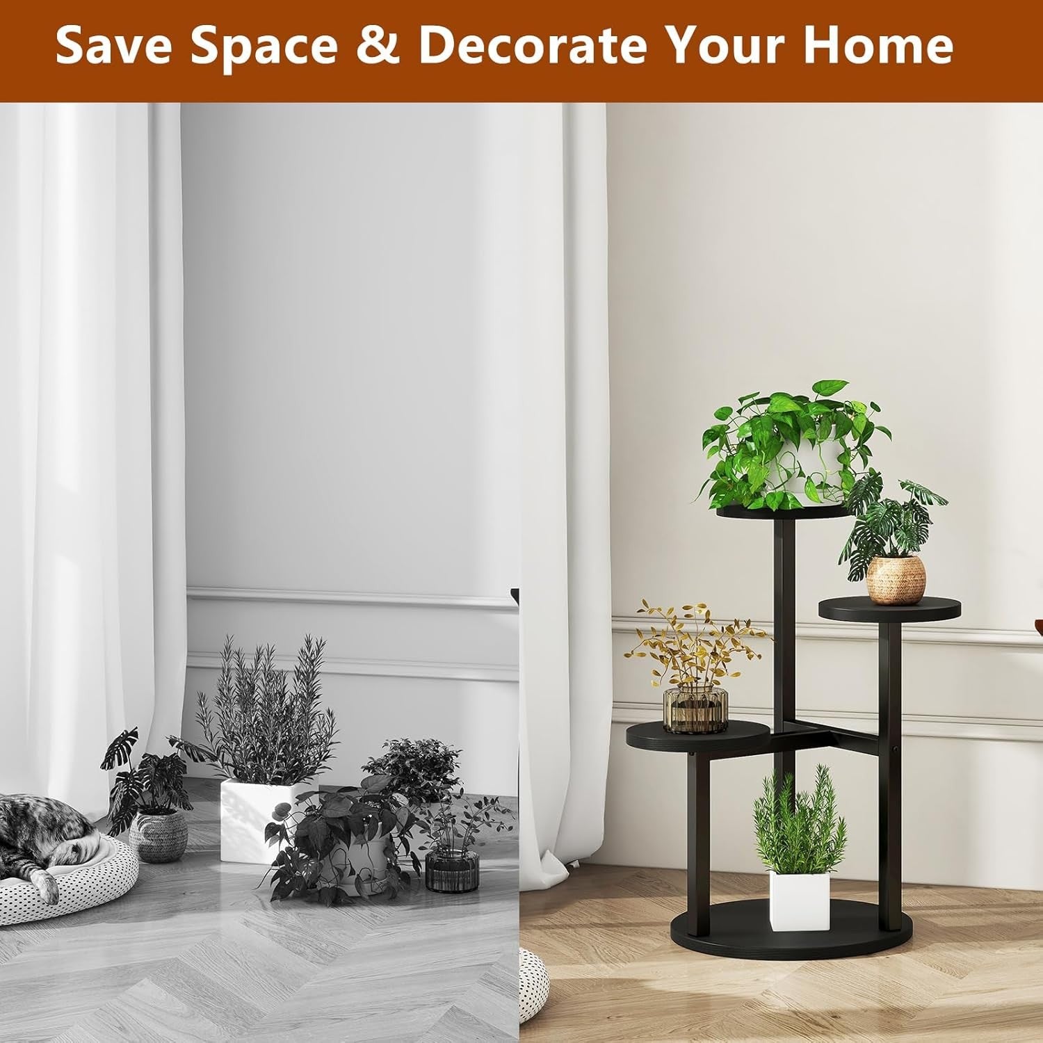 4 Tier Black Metal Wood Plant Stand | Modern Indoor Corner Flower Pot Shelf