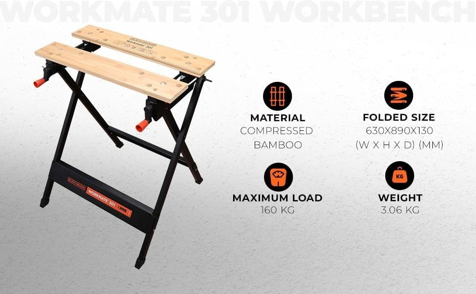 Foldable Portable Workbench with Clamp System Steel Frame Bamboo Top WM301