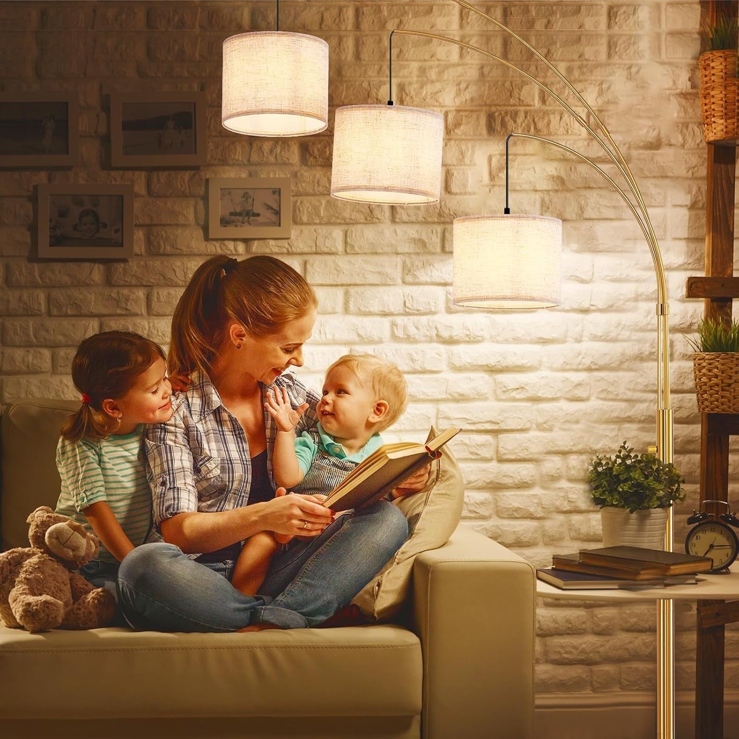 3-Head Gold Arc Floor Lamp Beige Shade Dimmable LED Living Room Light
