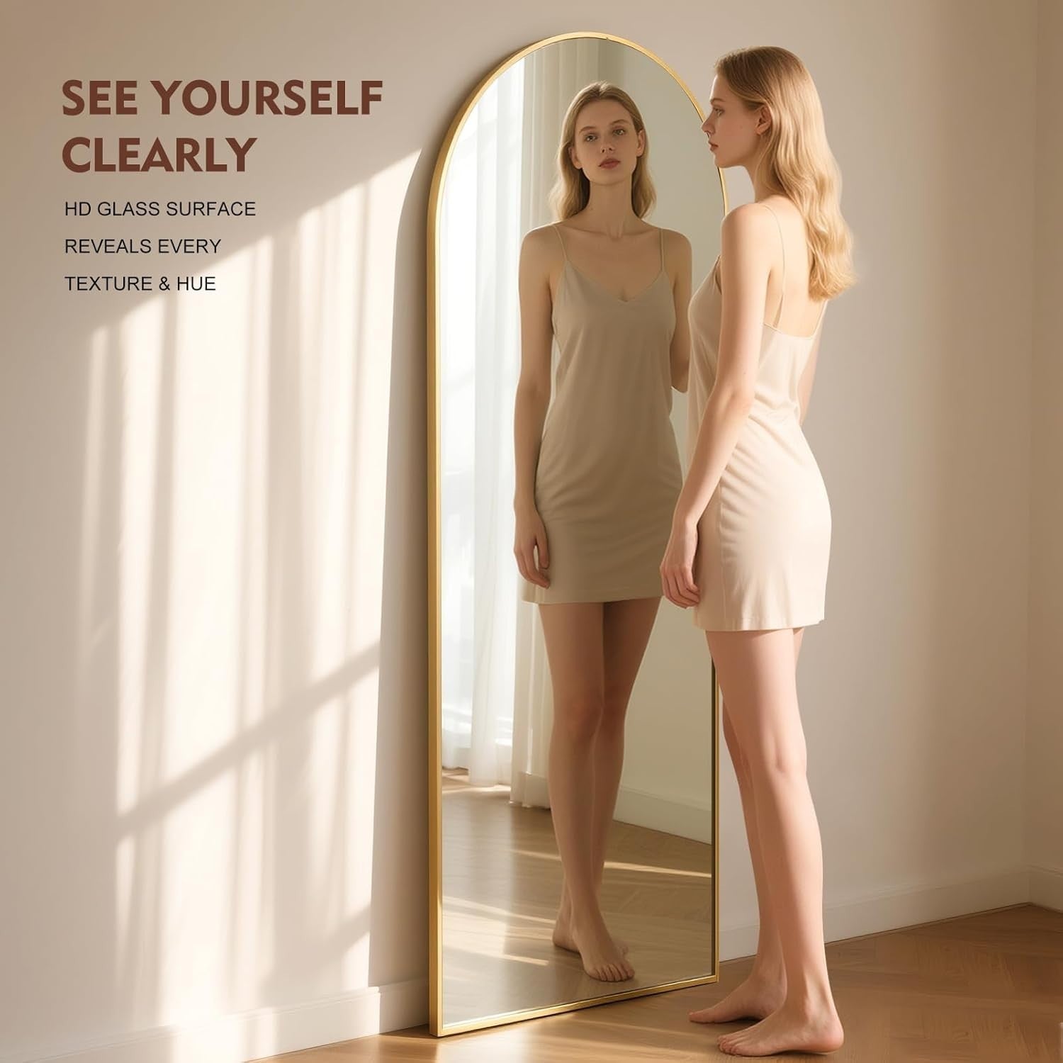 Full Length Arch Mirror 165x60cm Golden Frame Shatterproof Tempered Glass