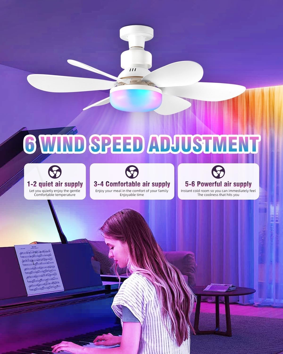 52cm Ceiling Fan Light, RGB Dimmable LED, 3 Speeds, E27 Base, Remote