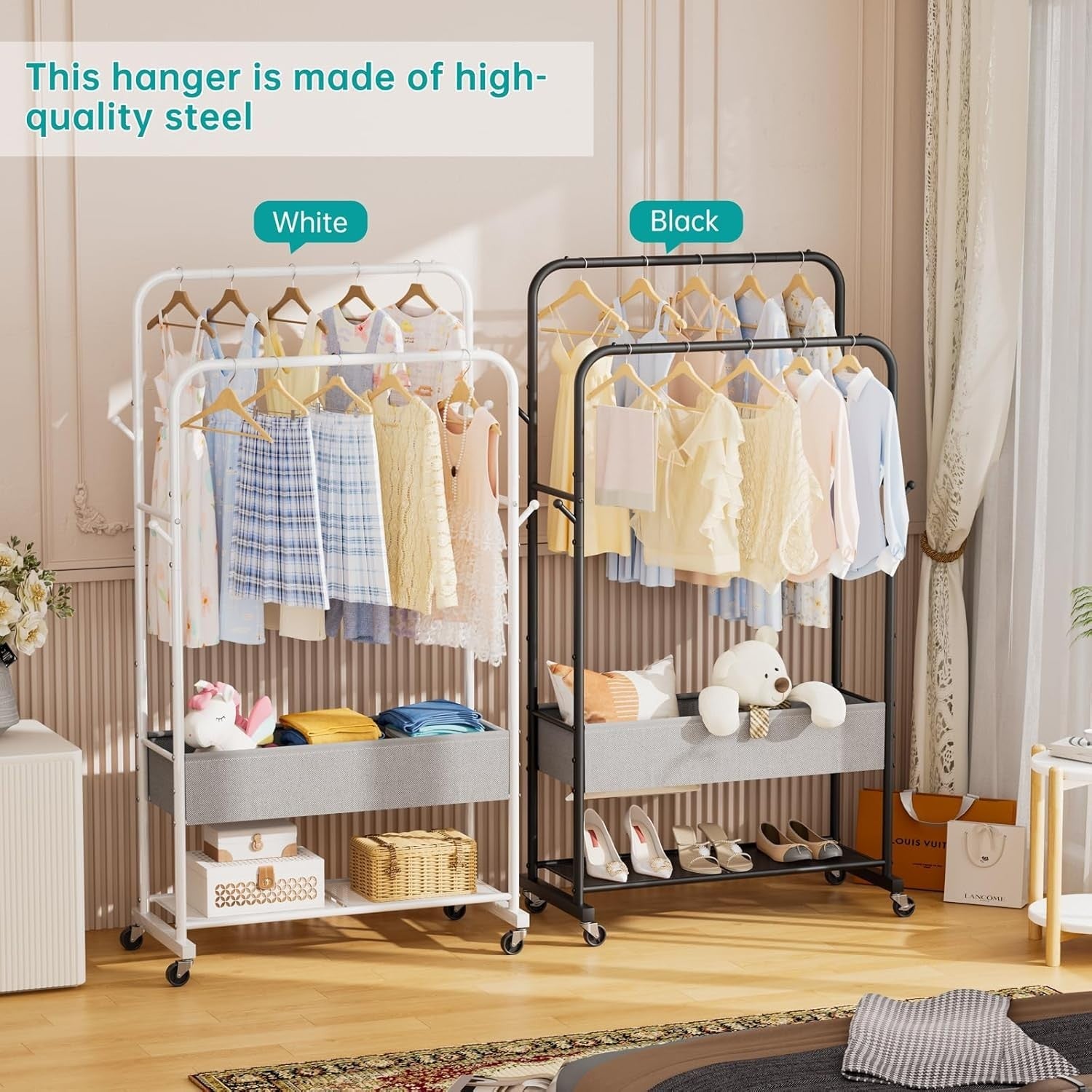 Heavy Duty Clothes Rail with Wheels & Shelf – Black 91×43×183cm