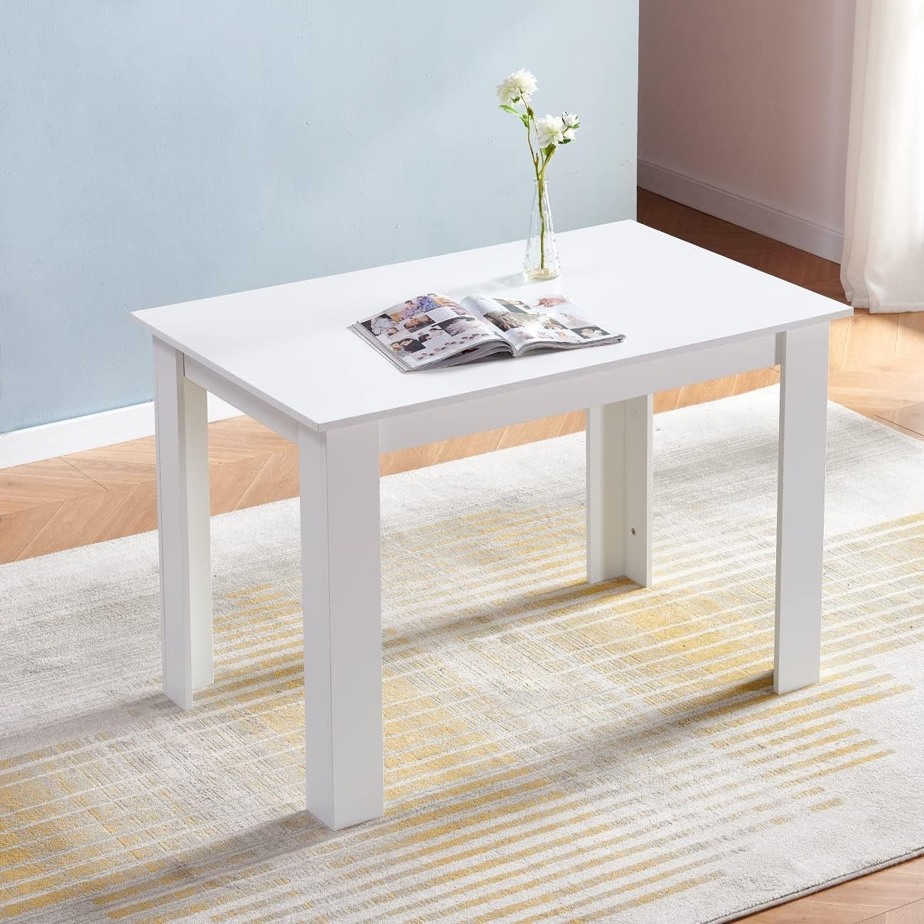 White 4 Seater Dining Table Set 110x70cm | Faux Leather Chairs, Small Space