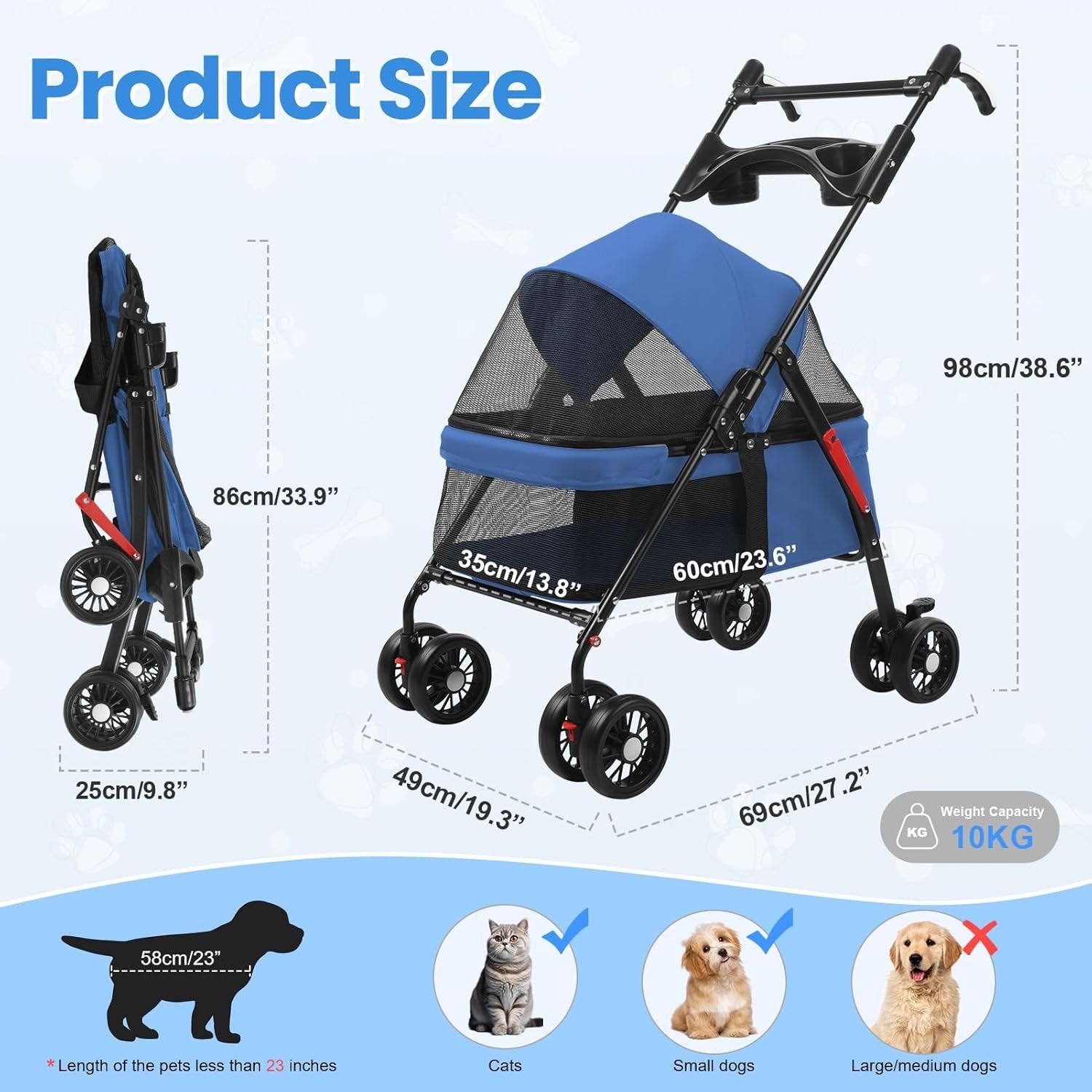 Pet Stroller for Dogs & Cats 4 Wheel Foldable Travel Pram Brake