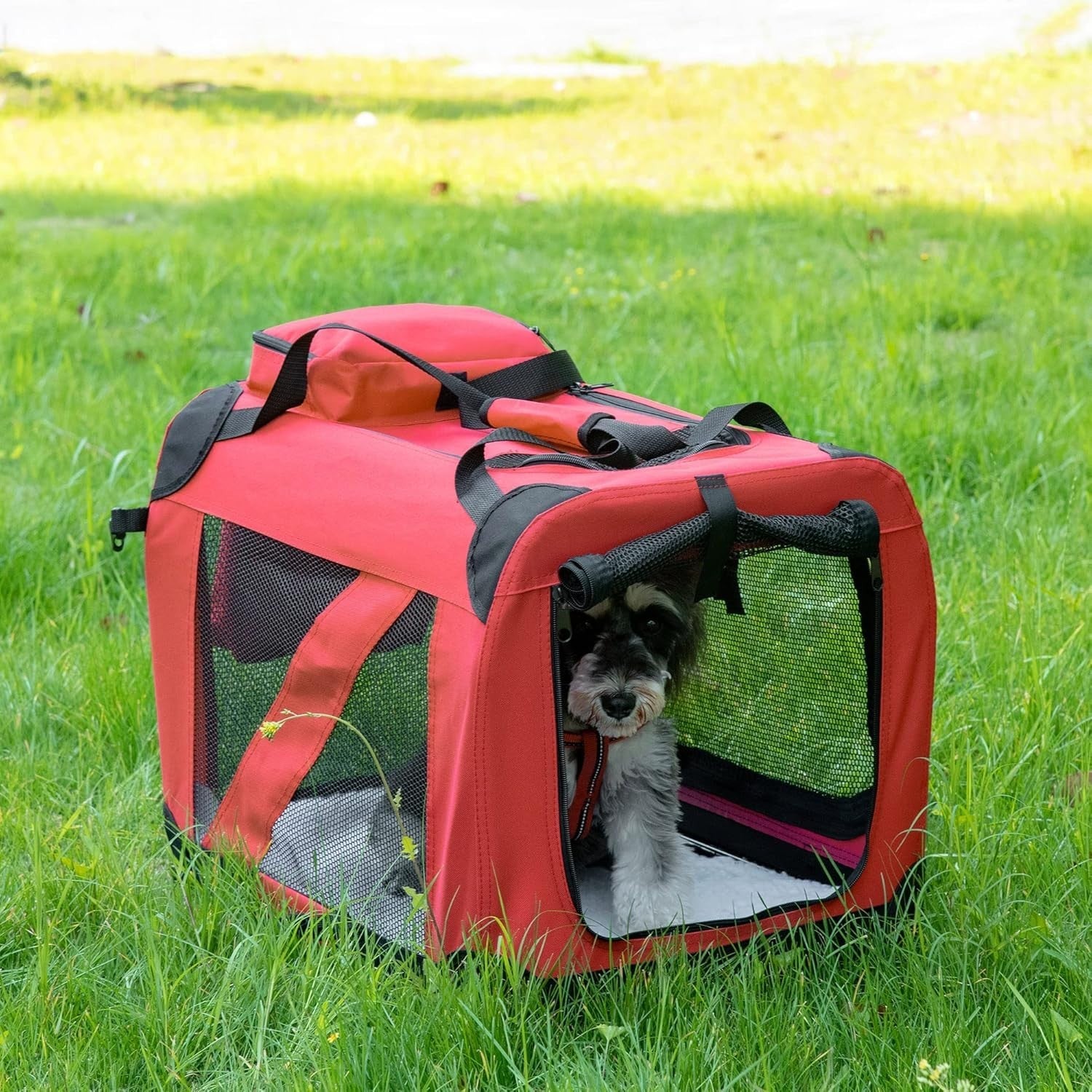Portable Folding Soft Pet Crate 60x42x42cm with Padded Bed & Mesh Windows