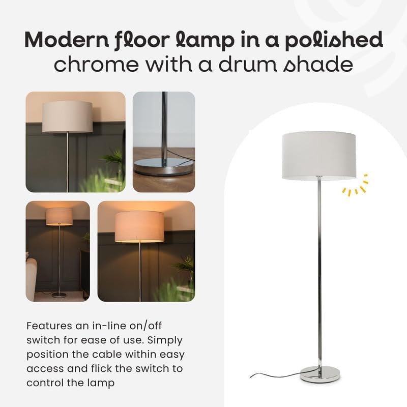 Modern Floor Lamp Chrome Standing Light Grey Drum Shade Living Room Bedroom