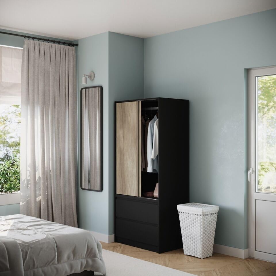Modern 2-Door Sliding Wardrobe with Hanging Rail & 2 Drawers - Silent Doors