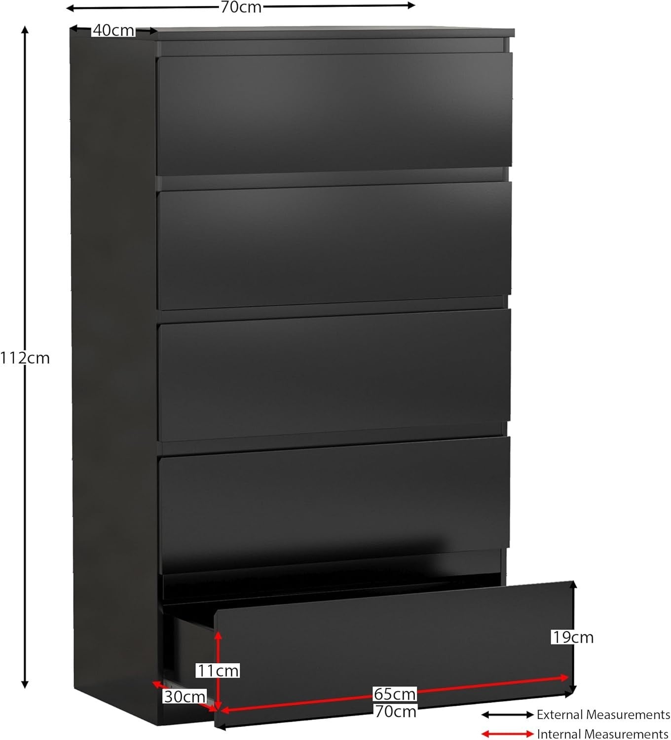 Black 5 Drawer Chest Modern Tallboy Storage Unit for Bedroom Living Room