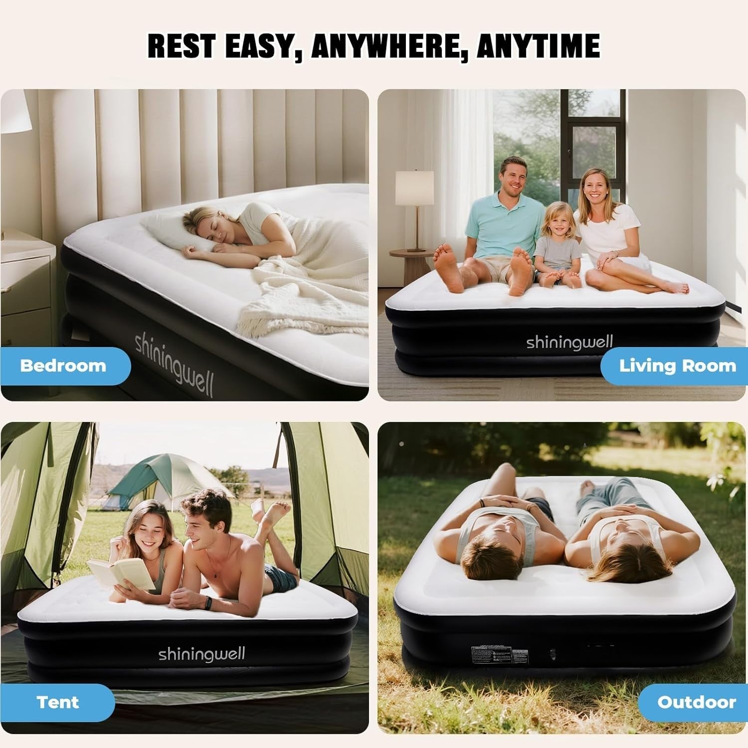Double Air Mattress with Built-In Pump, Flocked Surface & Carry Bag