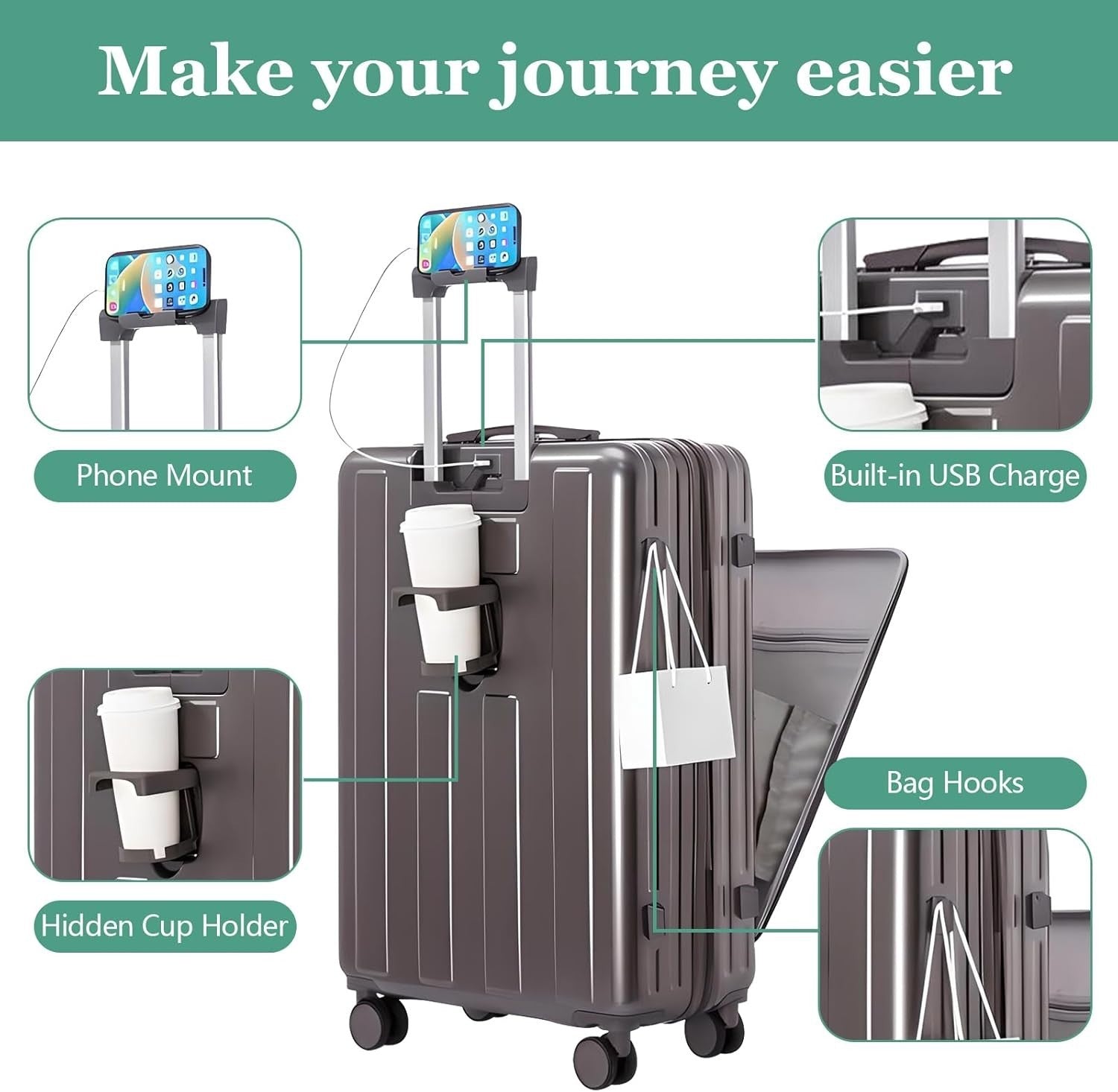 Gray 20” Cabin Spinner Suitcase Hard Shell USB Charging Carry On