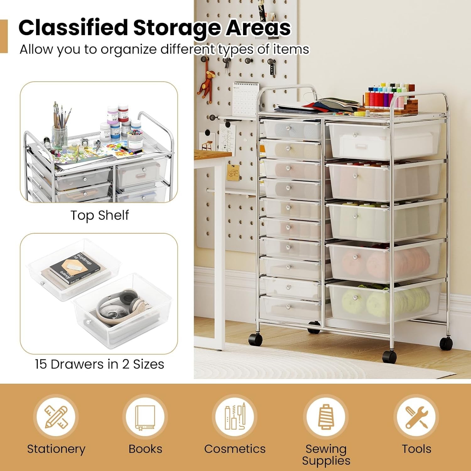 15 Drawer Storage Trolley Mobile Organizer Rolling Cart Lockable Wheels Clear