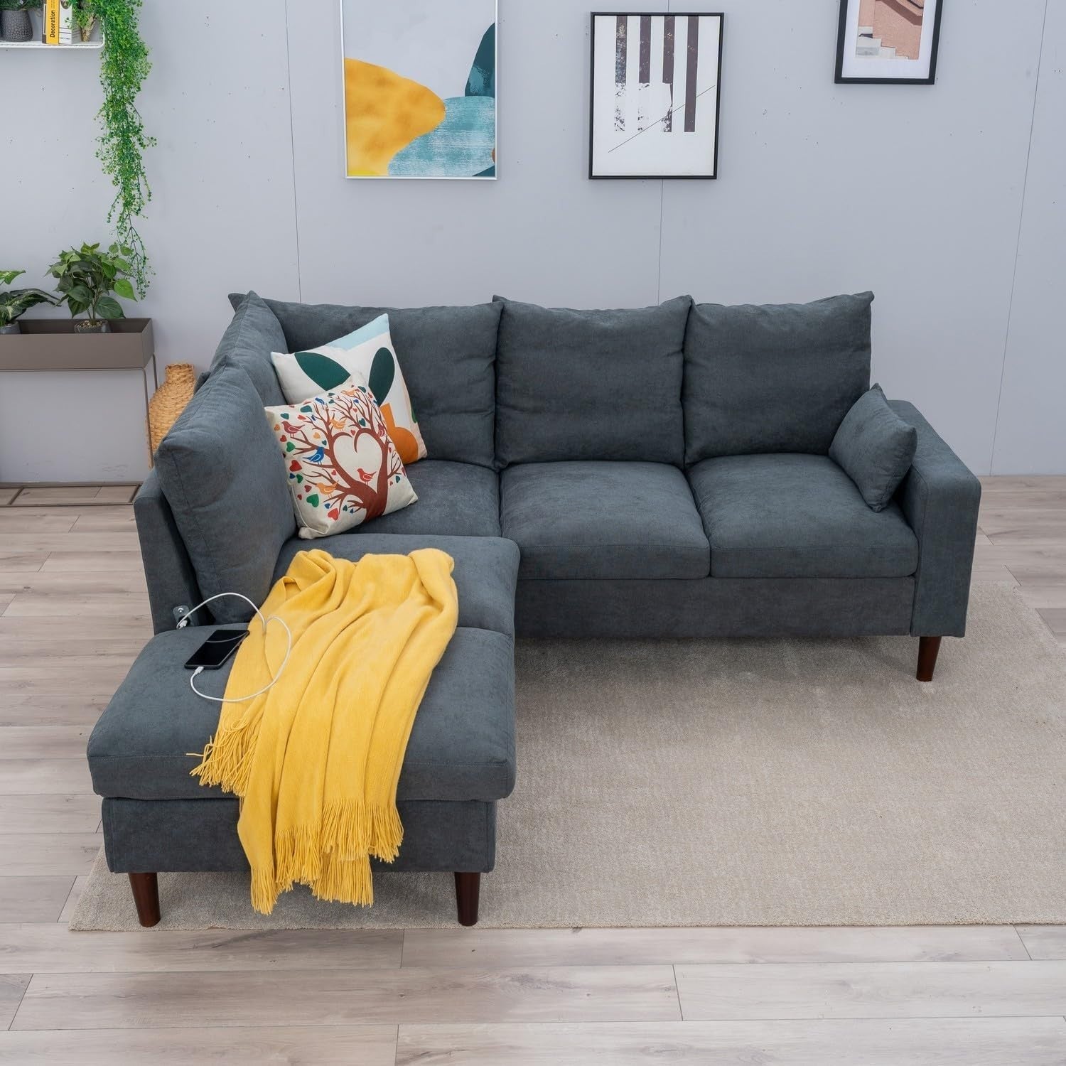 5 Seater Grey Corner Sofa w/ Chaise & USB Port – Linen Fabric, Space-Saving L Sh